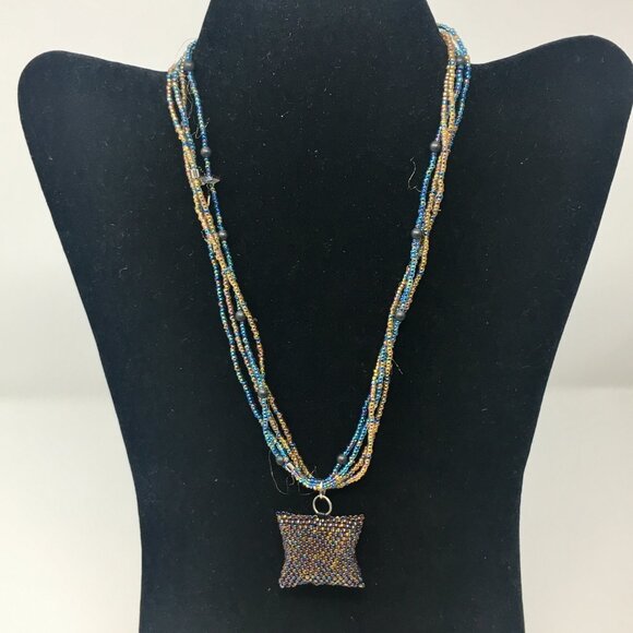 Handmade Iridescent Square Seed Bead Pouch Multi-Strand Matte Hematite Necklace - Picture 15 of 16